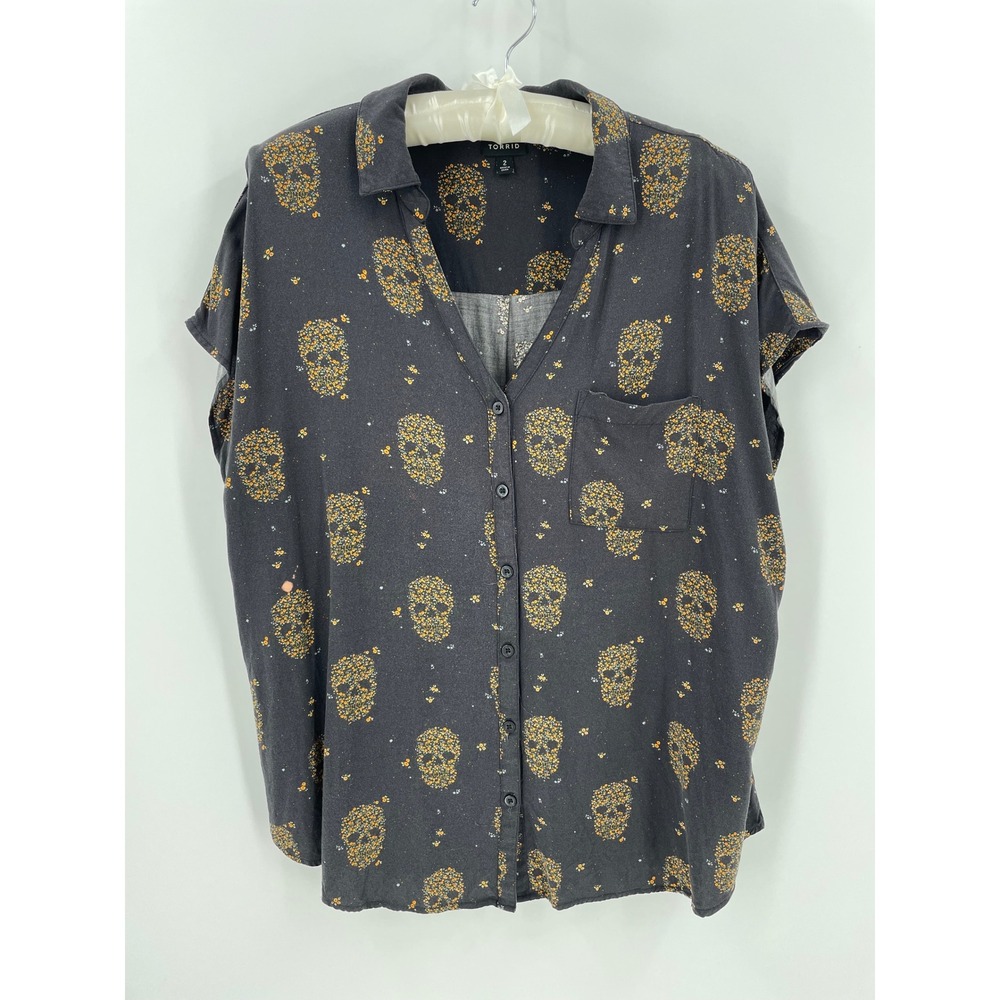 Torrid Floral Skull Challis Button Front Blouse Black Orange Plus Size 2 2X